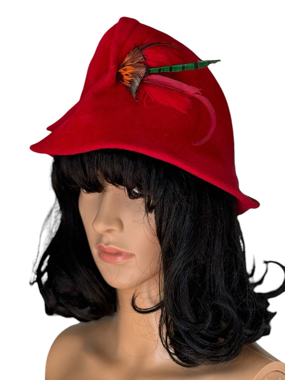 1960's American Vintage Emme Boutique Red Wool Hat, Feathers, fold over size S-M